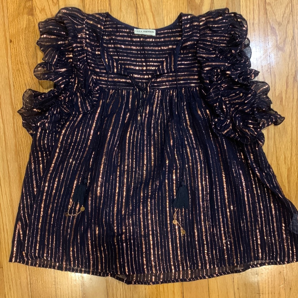 Ulla Johnson Metallic Stipe Ruffle Blouse